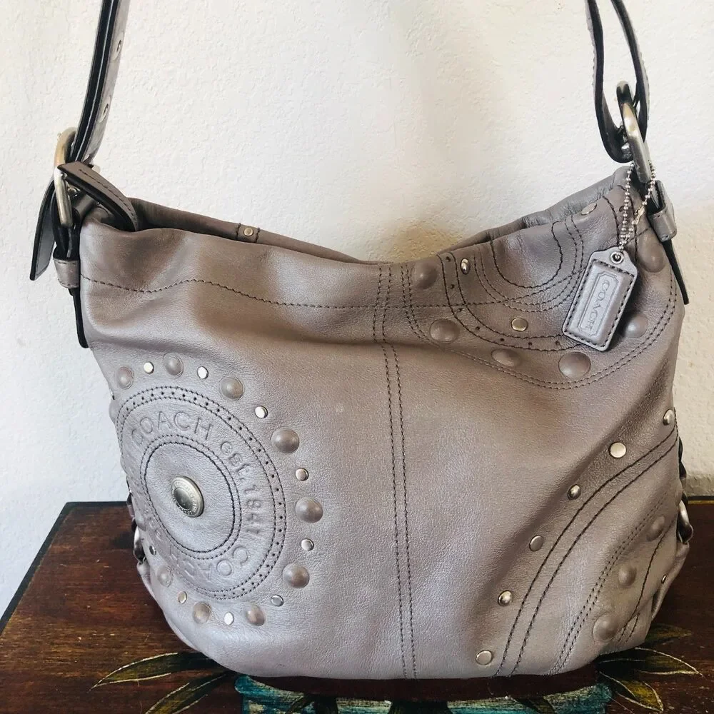 Coach Gunmetal Gray Leather Studded Embossed Hobo Shoulder Bag F16178